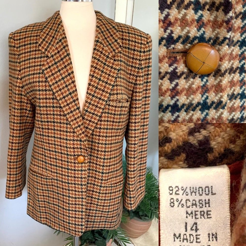 Women’s Wool & Cashmere Houndstooth Plaid blazer size 14 Warm Fall Colors - Picture 2 of 12